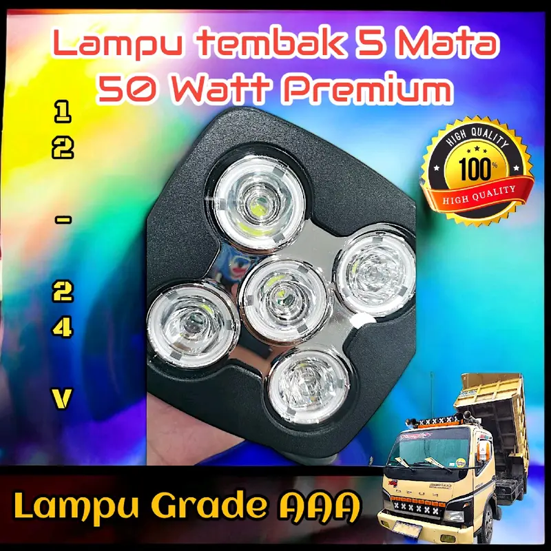 Lampu tembak 5 mata Dotrex 50 Watt. LED Grade AAA High Quality. Bisa dipakai 12 & 24 Volt Nyala Terang. Tahan Air dan Body besi kokoh tebal. Car 3