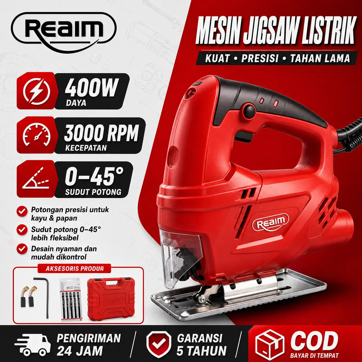Reaim Mesin Gergaji Jigsaw 450W Kekuatan Tinggi Mesin Gergaji Kayu JigSaw Mesin Potong Kayu Jigsaw