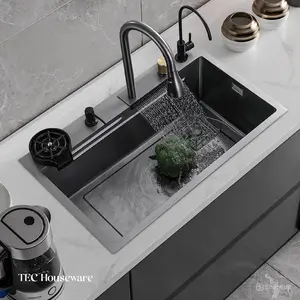 【TEC】Produk Rumah Tangga Westafel Paket Lengkap Kitchen Sink LUXURY Bak Cuci Piring Stainless Hitam Dengan Keran Rainfall Westafel Dapur Keran Pencuci Gelas Waterfall