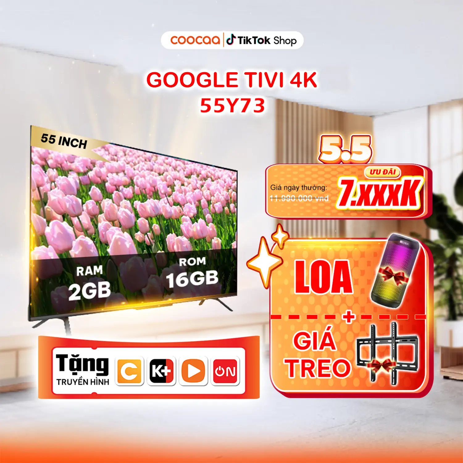 【5 ĐƠN ĐẦU: TẶNG GIÁ TREO + LOA】Coocaa Google Tivi 55Y73 55 Inch - Độ Phân Giải 4K - Bảo Hành 2 Năm - Remote Điều Khiển Giọng Nói Có – Bluetooth - Kho Tàng Ứng Dụng  - Tìm Remote Thất Lạc- Wifi - Âm Thanh Dolby - Bảo Vệ Mắt - Xem Phim - treo tường tv