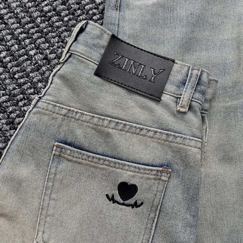 [ZINLY SHOP] Quần Jean Nữ Ống Suông Cạp Cao Màu Nhạt Túi Thêu Phối Dây Săn Nâu Lai Cuốn Vải Cotton Mềm Mát Không Co Giãn Q402 3