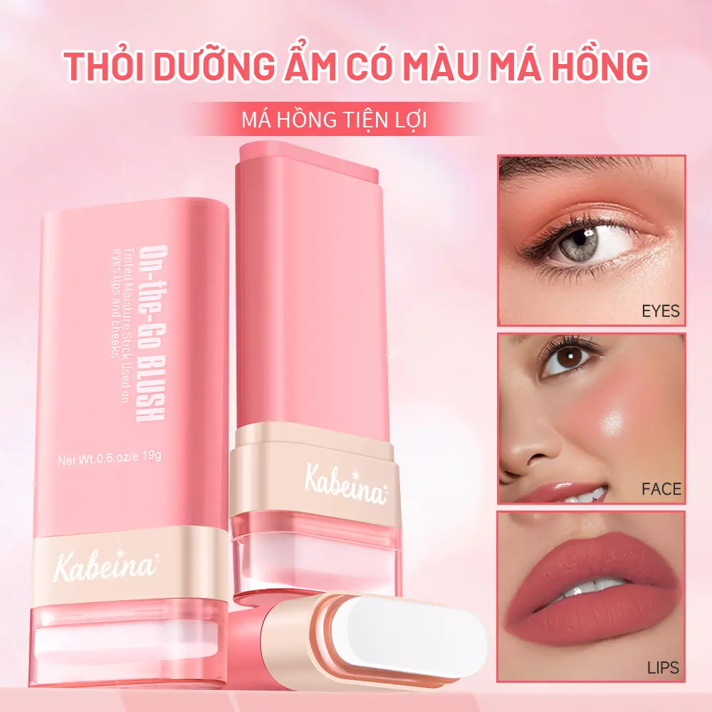​Phấn má hồng Kabeina có thiết kế hai đầu và đi kèm bông phấn Hiệu ứng dưỡng ẩm và sáng bóng Phối màu ngọt ngào Phấn mắt son môi và má hồng ba trong một Tạo ra bầu không khí thanh lịch và tinh tế Thân thiện với người mới bắt đầu Kem trang điểm cầm tay