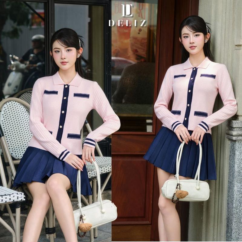  DELIZ - Áo len nữ dài tay phối cổ bẻ màu hồng chất len lông thỏ dáng cardigan CD848 