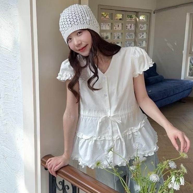 QC Áo sơ mi cổ V chiết eo phối vạt bèo nhún áo babydoll trơn tay bèo buộc nơ Salavi B127 1117