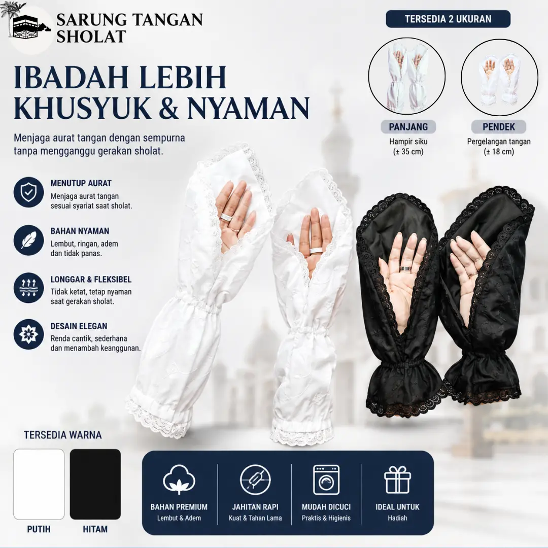Sarung Tangan Sholat Wanita Polos Bordir Hitam Putih Perlengkapan Haji Umroh Premium Panjang Pendek