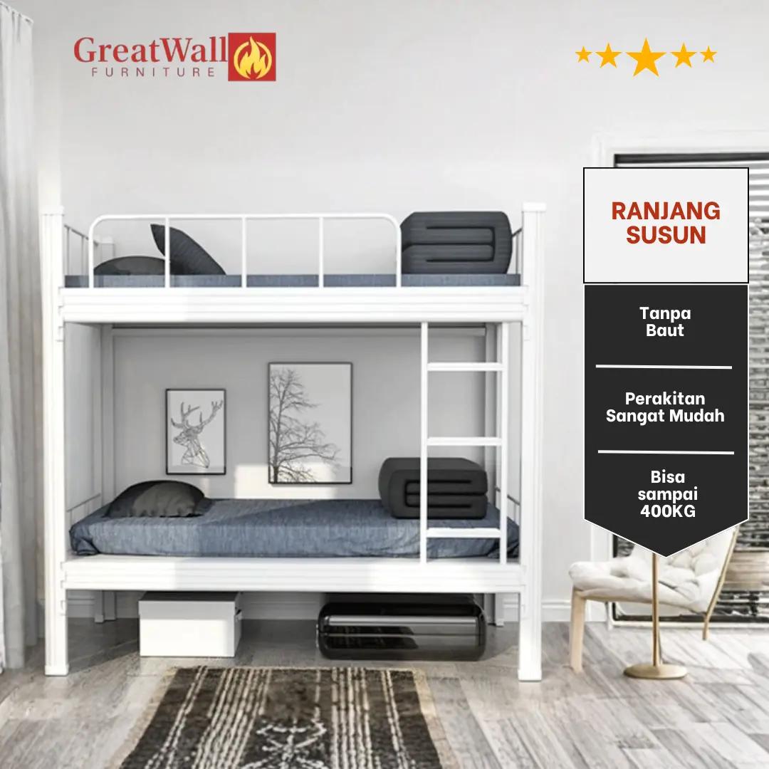 Greatwall Furniture Tempat Tidur Besi Kokoh Ranjang Asrama 2 Tingkat 120x200x185cm / 90x200x185cm Ranjang Mess Anak Serbaguna Bahan Kuat Mudah Dirakit dipan