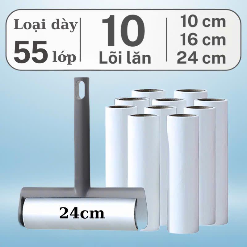 Cây lăn bụi Combo 10 lõi LOẠI DÀY 55 LỚP nhiều kích thước 24cm 16cm 10cm TẶNG 1 CÂY LĂN CÁN NGẮN đồ lăn bụi quần áo ghế sofa giường ngủ lông chó mèo