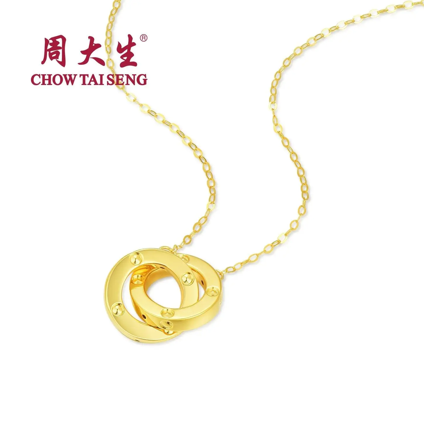 【Chow Tai Seng 】Au750 18K Gold Interlocking Double Circles Daily Fashion Jewelry Necklace