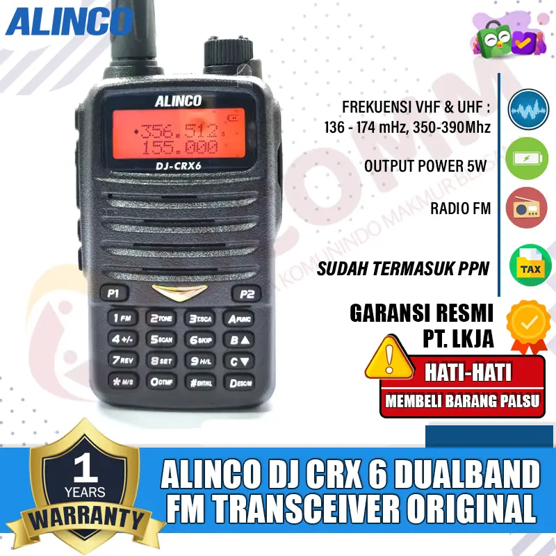 Alinco DJ CRX6 DJ-CRX6 CRX 6 Dual Band VHF UHF 350Mhz Garansi 1 Tahun 0