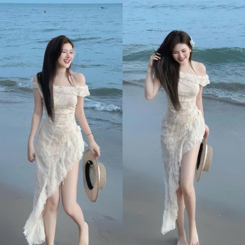  Đầm váy nữ ren hoa thiết kế trễ vai phối bèo  có mút  dáng dài xòe  có lót  xinh xắn sang chảnh cho các nàng diện đi chơi đi biển.women top 