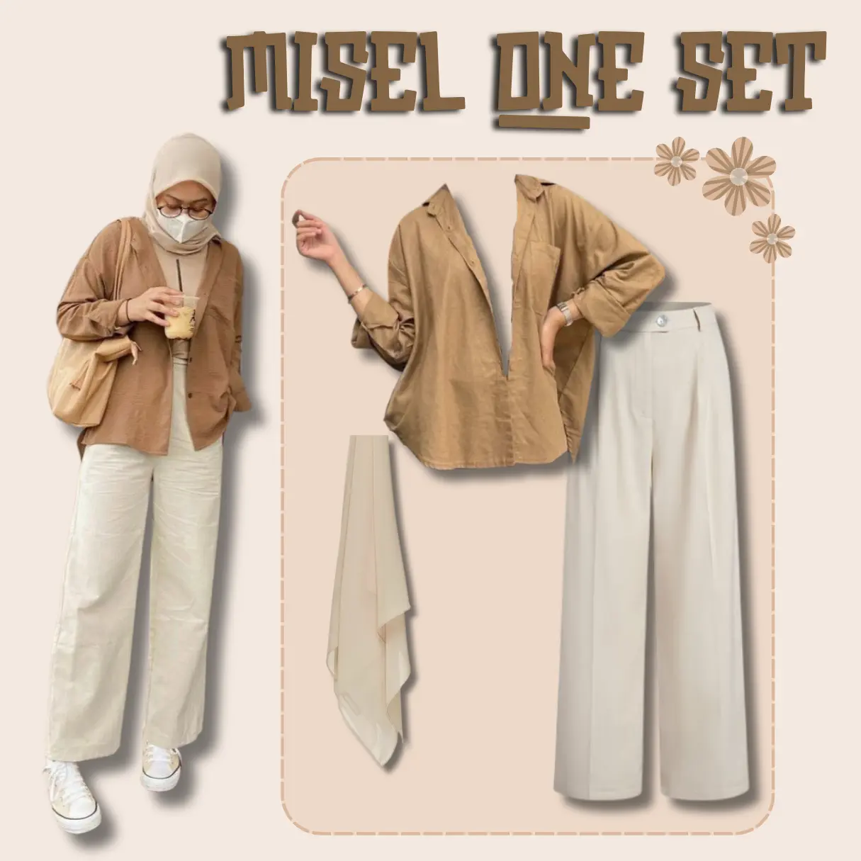 RS - Misel Set | Outfit Remaja Casual Korean Style Wanita (Setelan Kemeja, Celana Panjang , dan Jilbab Bella Square)