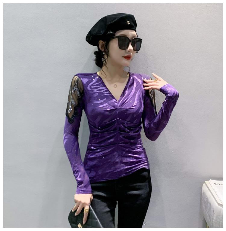 Product Introduction of FCBF-Áo lưới kim cương rỗng thời trang mới gợi cảm cổ chữ V dài tay quần lót thời trang nữ thu đông Top Voi Shirt Kem Women 11
