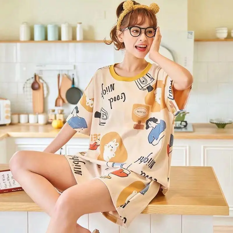 AKS Setelan baju tidur wanita dewasa bahan katun polyester model kaos lembut serap keringat celana lengan pendek motif karakter kartun lucu set piyama remaja perempuan jumbo kekinian terbaru korean style fit to XXL cocok untuk santai harian PY002 1