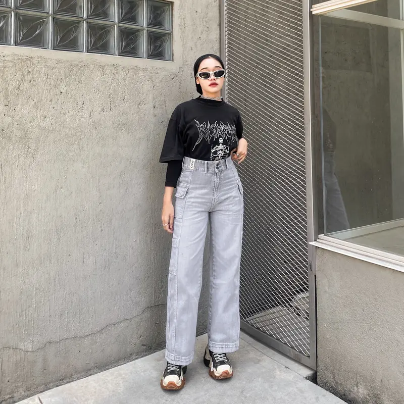 JINISO HANDS UP - 415 Cargo Baggy Highwaist Celana Jeans Wanita 4