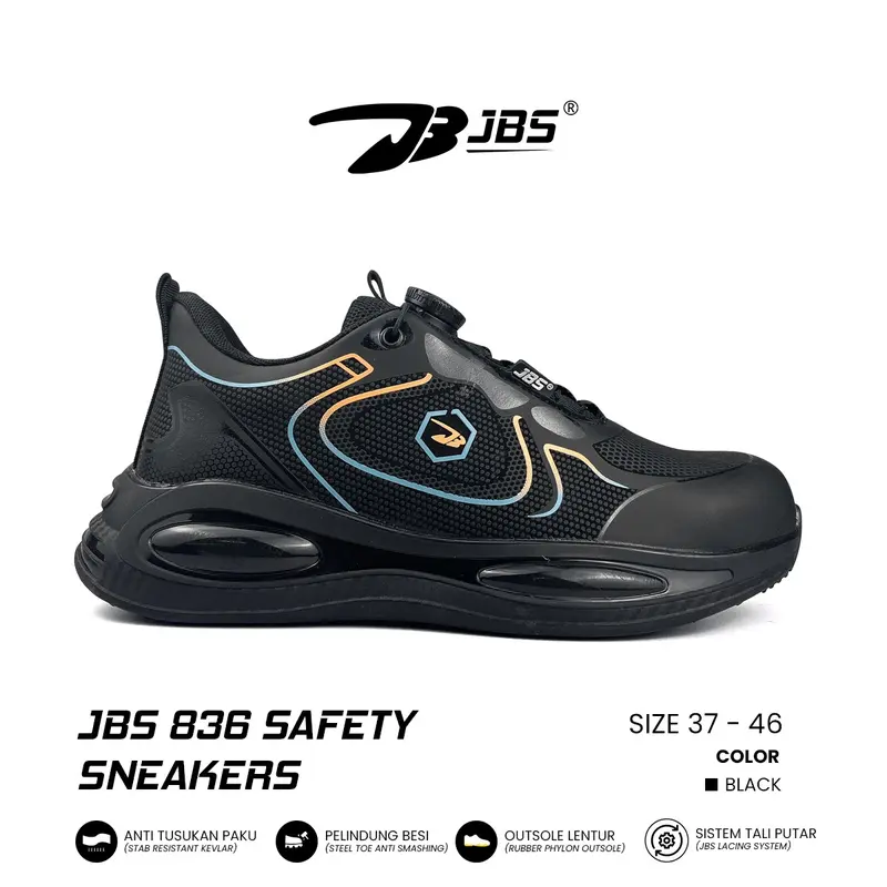 Sepatu Safety Sneakers JBS 836 Steel Toe Cap Tali Putar Sepatu Kerja Lapis Kevlar Anti Tusukan Paku Merah Black High Shoes 5