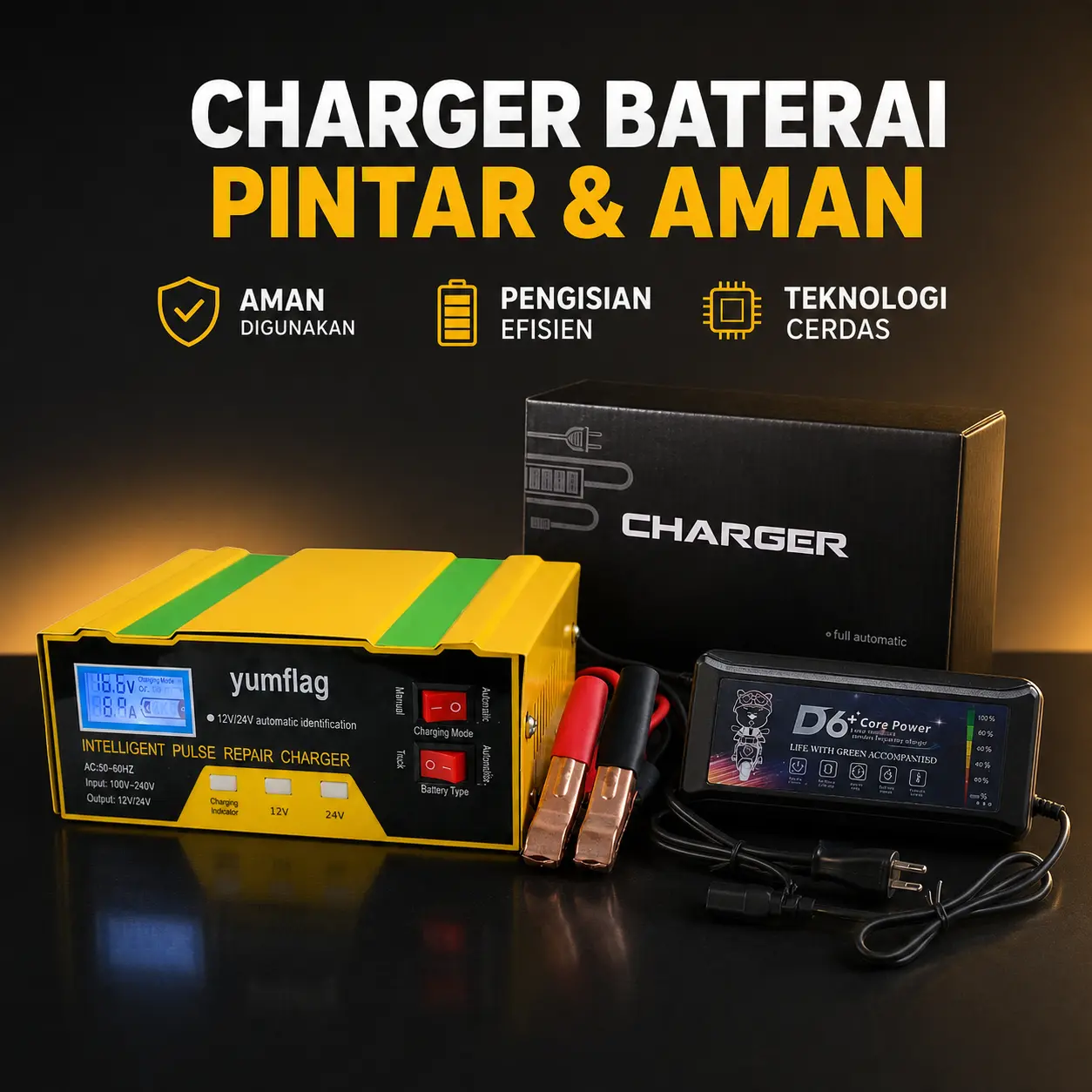 Yumflag Charger Baterai 48V 20Ah dengan Pilihan Intelligent Pulse Repair 12V/24V atau 48V 20Ah, Model Adaptor Berkabel untuk Pengisian Cadangan, Cocok untuk Kebutuhan Outdoor - Battery