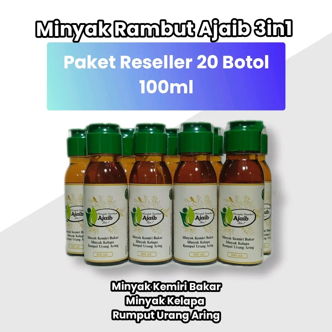 Paket Reseller 20 botol Harga Spesial, Minyak Rambut Ajaib 100ml, 3 in 1 (Kemiri Bakar, Kelapa & Urang Aring) , nutrisi rambut , rambut rontok Nutrisi Rambut Nutrisi Rambut Perawatan Haircare