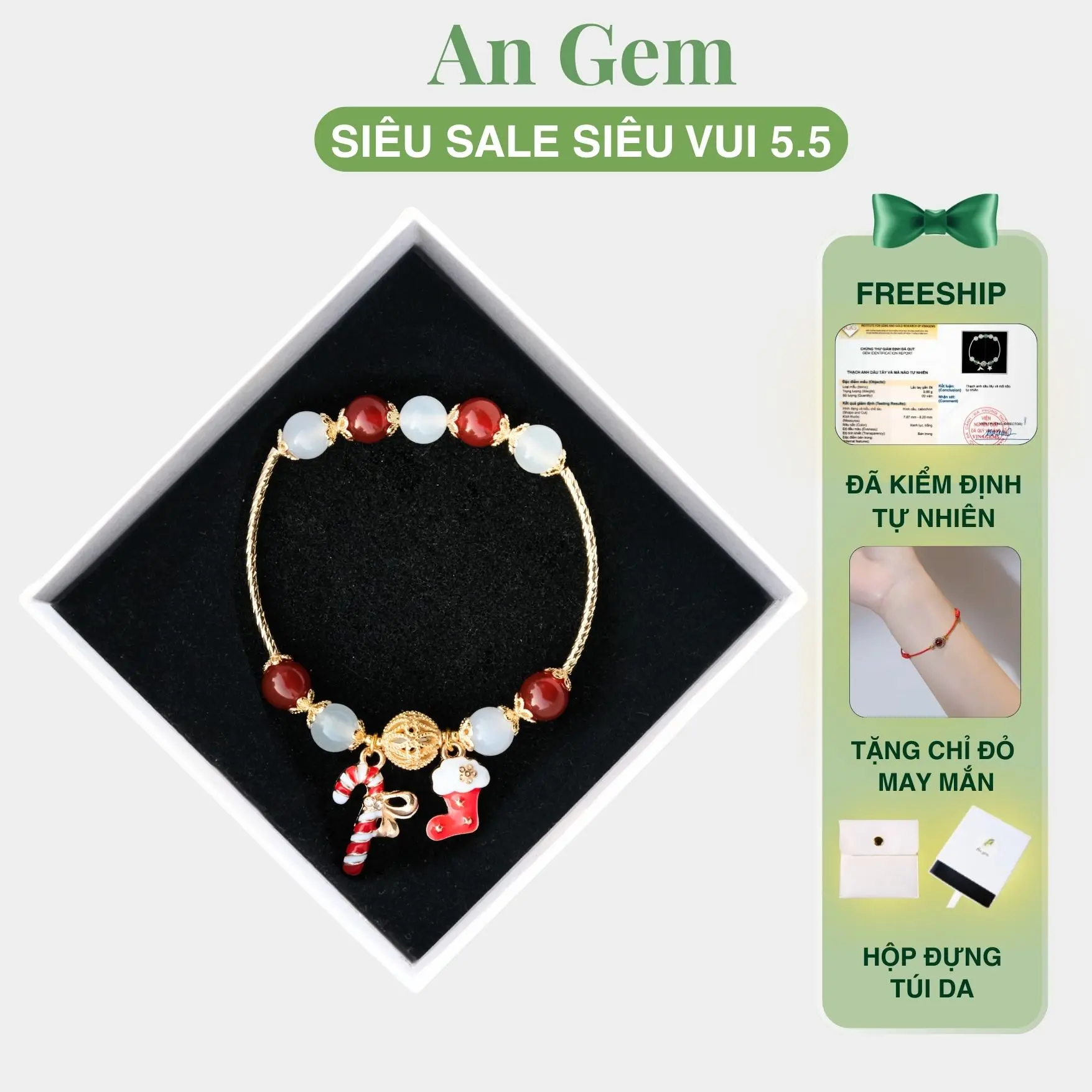 Vòng tay nữ đá tự nhiên An Gem mix charm Giáng Sinh, lắc tay charm tất kẹo chuông phối đá năng lượng phong thuỷ Xmas Bracelet phụ kiện quà tặng sinh nhật giáng sinh Noel Tết Valentine [TẶNG VÒNG CHỈ ĐỎ]