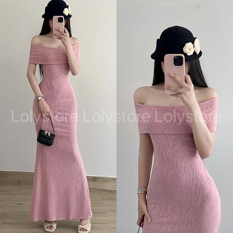  Đầm body nữ trễ vai thun in hoa hoạ tiết dập nổi độc lạ form ôm tôn dáng đi tiệc sang chảnh Lolystore dress women HL204 