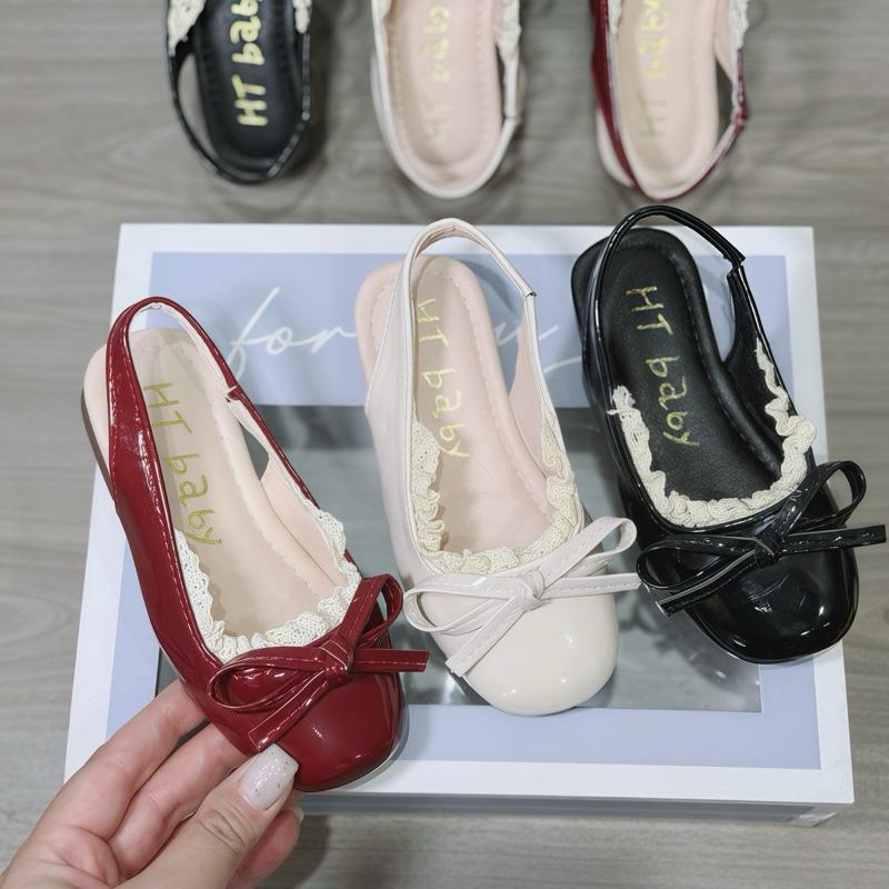   PHOM NHỎHÀNG ĐẸP  giày búp bê phối ren cho bé gái - giày hở gót nơ nhỏ ren viền   giày hở gót 01  