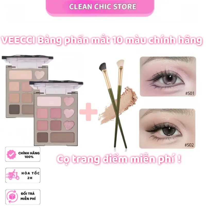 Bảng Phấn Mắt, VEECCI, 10 Màu, Lâu Trôi, Bảng Phấn Mắt Màu Hồng Lấp Lánh, Mịn Và Dễ Thoa, Kích Thước Nhỏ, 4.2g, Tặng Kèm Cọ Trang Điểm