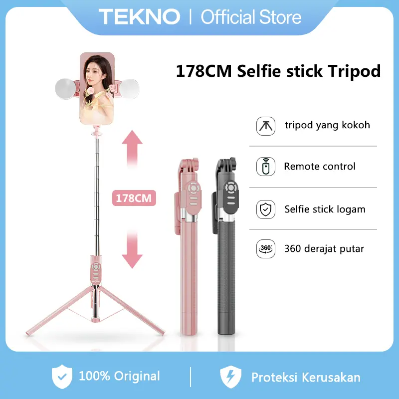 TEKNO A31 178CM Tongsis Selfie Stick Tripod HP Bluetooth Remote Control Selfie Tongsis Handphone Dengan Monopod Portable LED Lampu Untuk Vlogging Live Tripod Kokoh 360 Derajat Putar