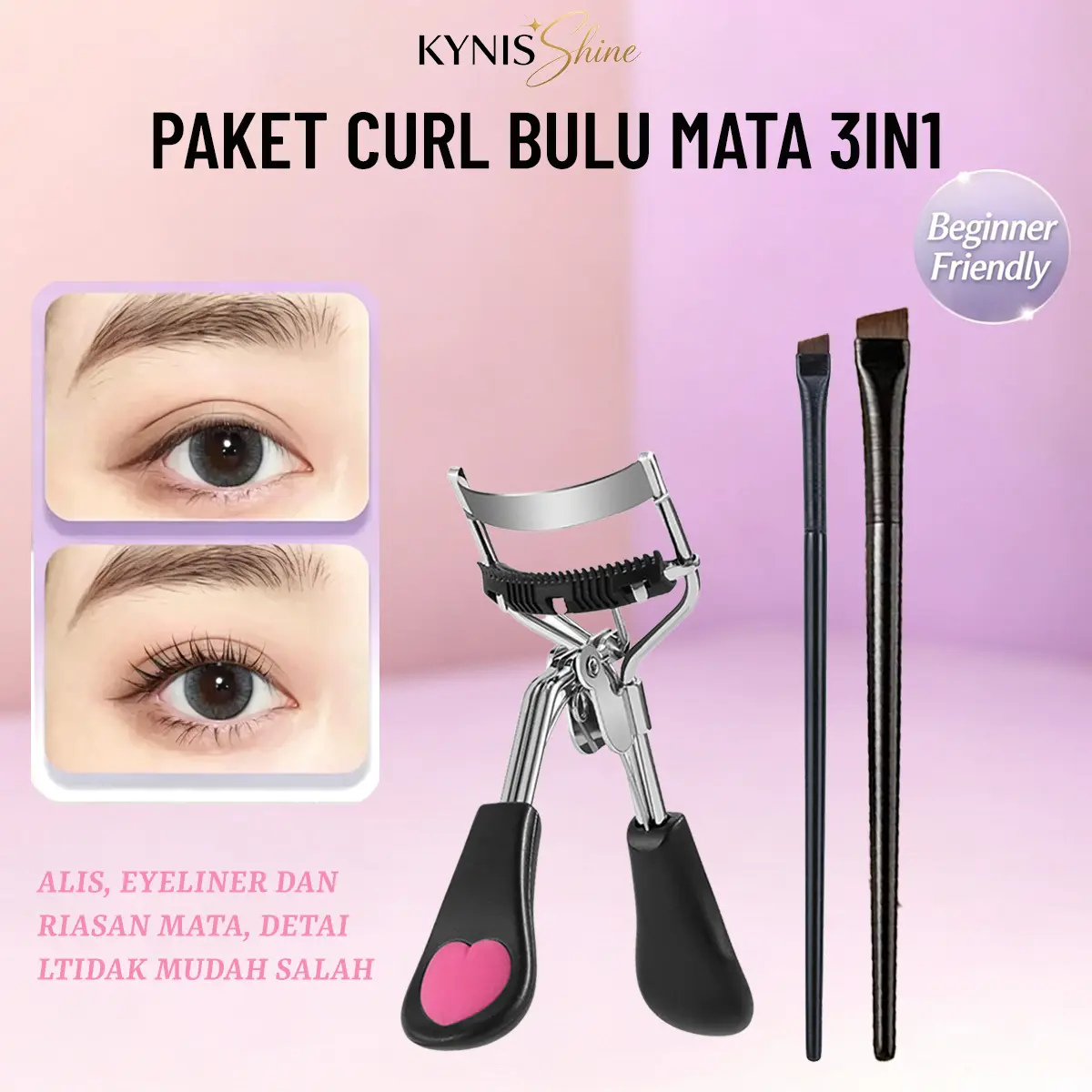 Paket Alat Rias Mata 3in1 Penjepit Bulu Mata Sisir + Kuas Alis & Kuas Eyeliner Profesional, Cocok Pemula & Tangan Gagal, Hasil Keriting Natural Makeup Harian