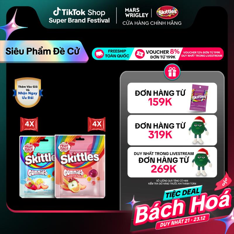  Combo 8 Gói kẹo dẻo Skittles Gummies mix vị - 4 gói vị trái cây và 4 gói vị sữa chua trái cây 