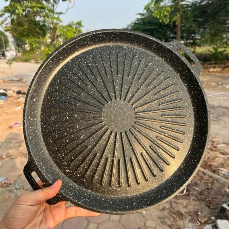 Chảo Gang Nướng Vân Đá, Vân Nổi Tách Dầu Mỡ Nướng BBQ Chảo Đá Nướng Chống Dính Thông Minh Chiên Xào Tiện Lợi