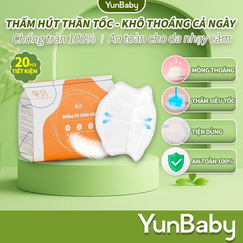 Yunbaby  Tấm lót ngực siêu mỏng chống thấm sữa, thoáng khí, thấm hút tức thì, thiết kế nhiều lớp, 20 miếng/gói, bột gỗ và bông, vật liệu hấp thụ siêu phân tử.Tấm lót ngực một lần, tấm lót chống rò rỉ sử dụng trong thời gian cho con bú.