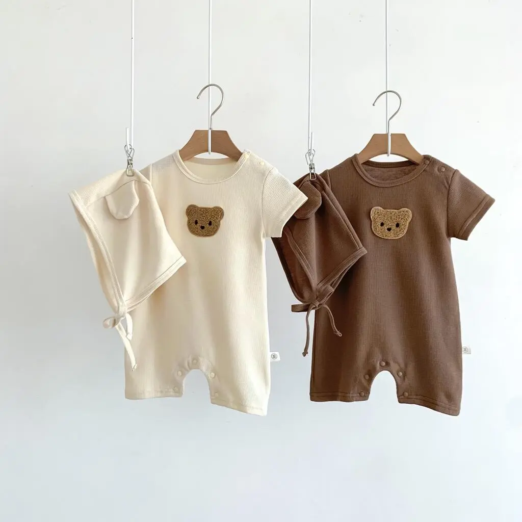 Summer Bodysuit Waffle Cotton Embroidery Bear Short Sleeve Back Pocket Baby Clothes