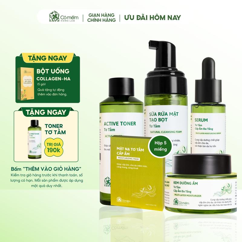 [COMBO TẶNG QUÀ MIỄN PHÍ] Bộ Chăm Sóc Da Chuyên Sâu Gồm Sữa Rửa Mặt, Toner, Serum, Kem Dưỡng, Mặt Nạ Hỗ Trợ Ngăn Ngừa Lão Hoá Căng Mịn Từ Tơ Tằm Cỏ Mềm 440ml