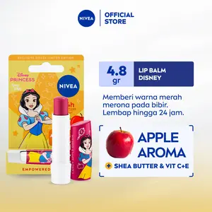 NIVEA Lip Balm Disney Snow White Candy Apple Dream 4.8gr - Pelembap bibir Nivea berkolaborasi dengan Disney Princess dalam edisi terbatas, melembapkan bibir selama 24jam, berikan warna merah merona dengan aroma apel, diperkaya dengan Vitamin C & E