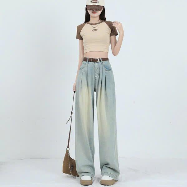Quần jean bò xếp ly ống suông rộng nữ 1m47-1m57 quần 94-95cm, 1m57-1m65 quần 98-100cm, jeans cạp cao phong cách style 8