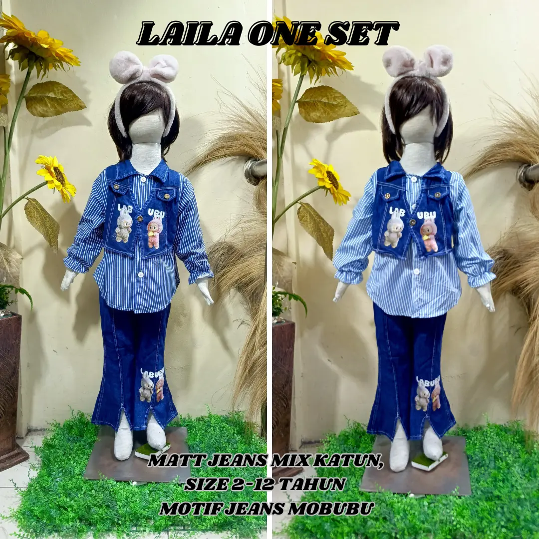 Setelan Laila Jeans Cutebray Kemeja Rompi Motif Mobubu Anak Perempuan Bahan jeans Wash Kombi katun Salur Usia 2-12 Tahun // Bisa COD