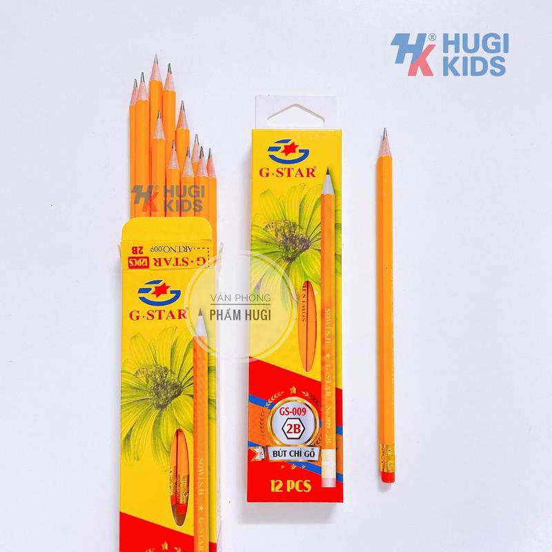 Hộp 12 Cây Bút Chì Đen Gstar GS-009 – Ngòi 2B Loại Tốt, Thân Vàng Đẹp, Dành Cho Học Sinh