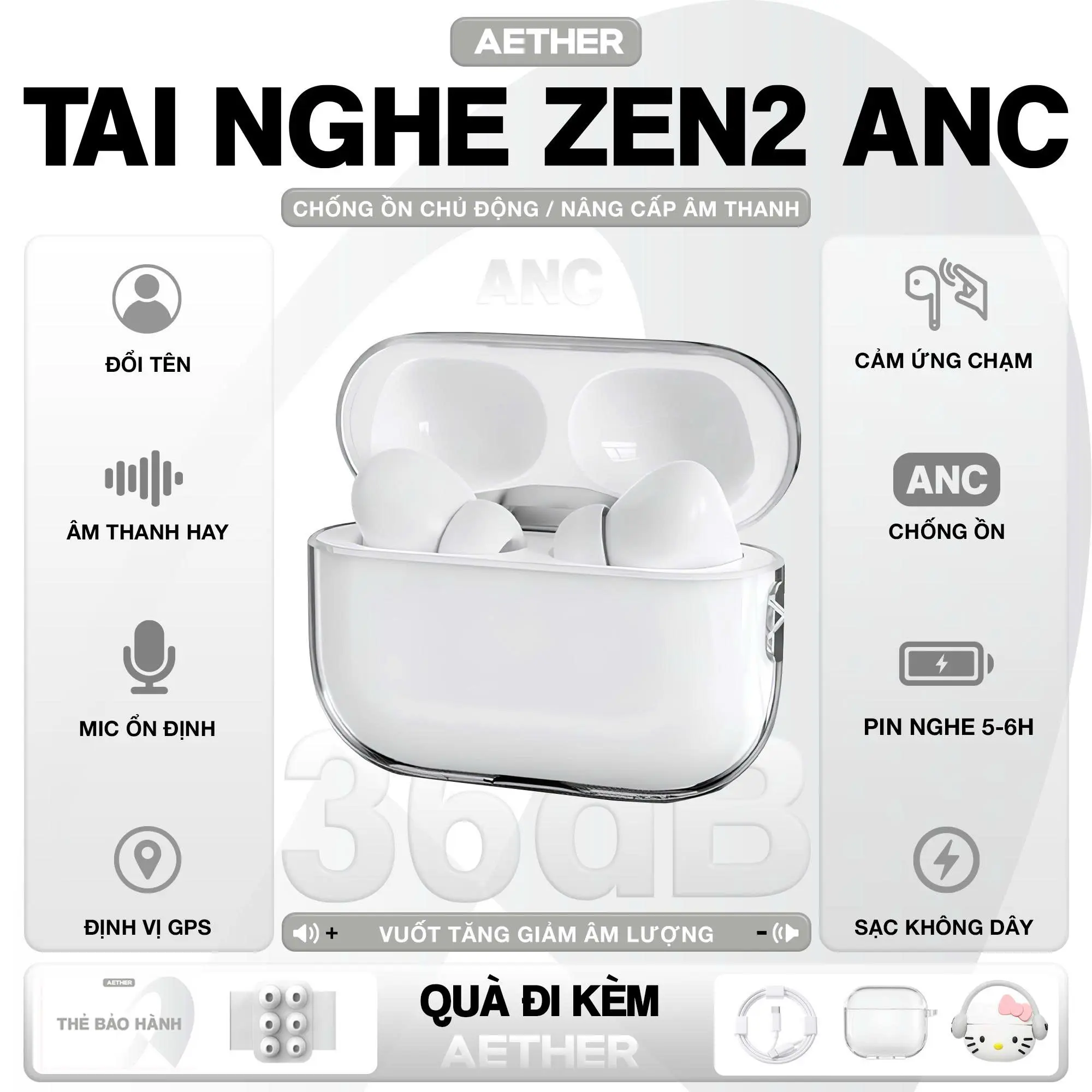 Tai Nghe Bluetooth Zen2 Aether ANC, Tặng Ốp, Cáp Sạc,Chống Ồn, Vuốt Tăng Giảm Âm Lượng, Định Vị, Đổi Tên, Tự Động Kết Nối, Bảo Hành Đổi Mới trong 6 Tháng, Pin trâu Nhét Tai Nghe Nhạc Earphone Bluetooth