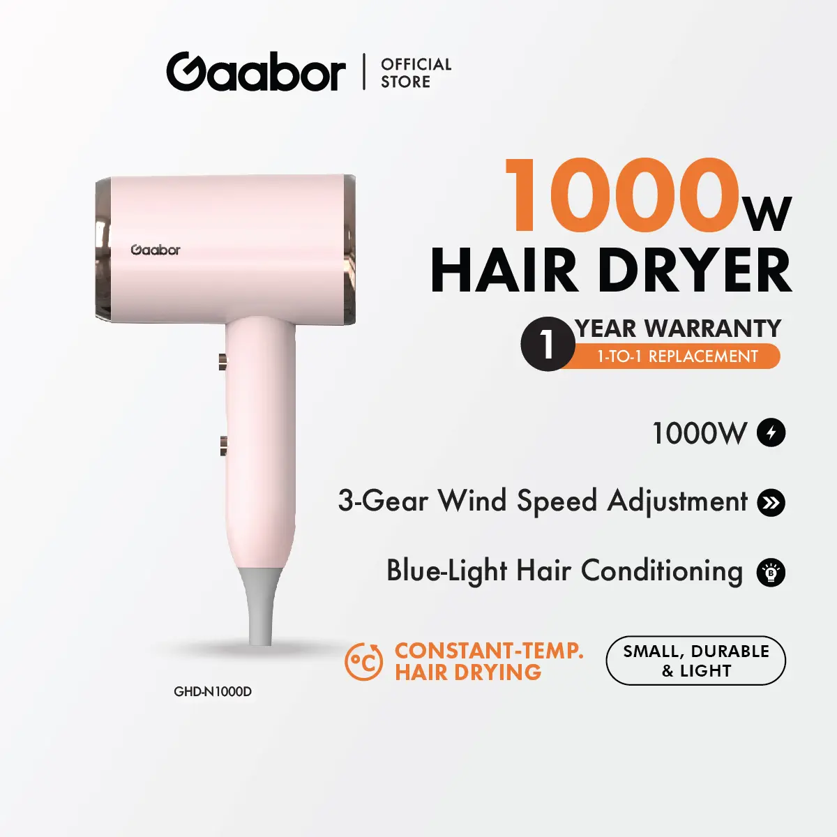 Gaabor Hair Dryer 1000W Low Noise Triple Speed Adjustment Blue Light Hair Care GHD-N1000D And Gaabor High Speed Hair Dryer Quick-drying with 8 Drying Modes HD-M01