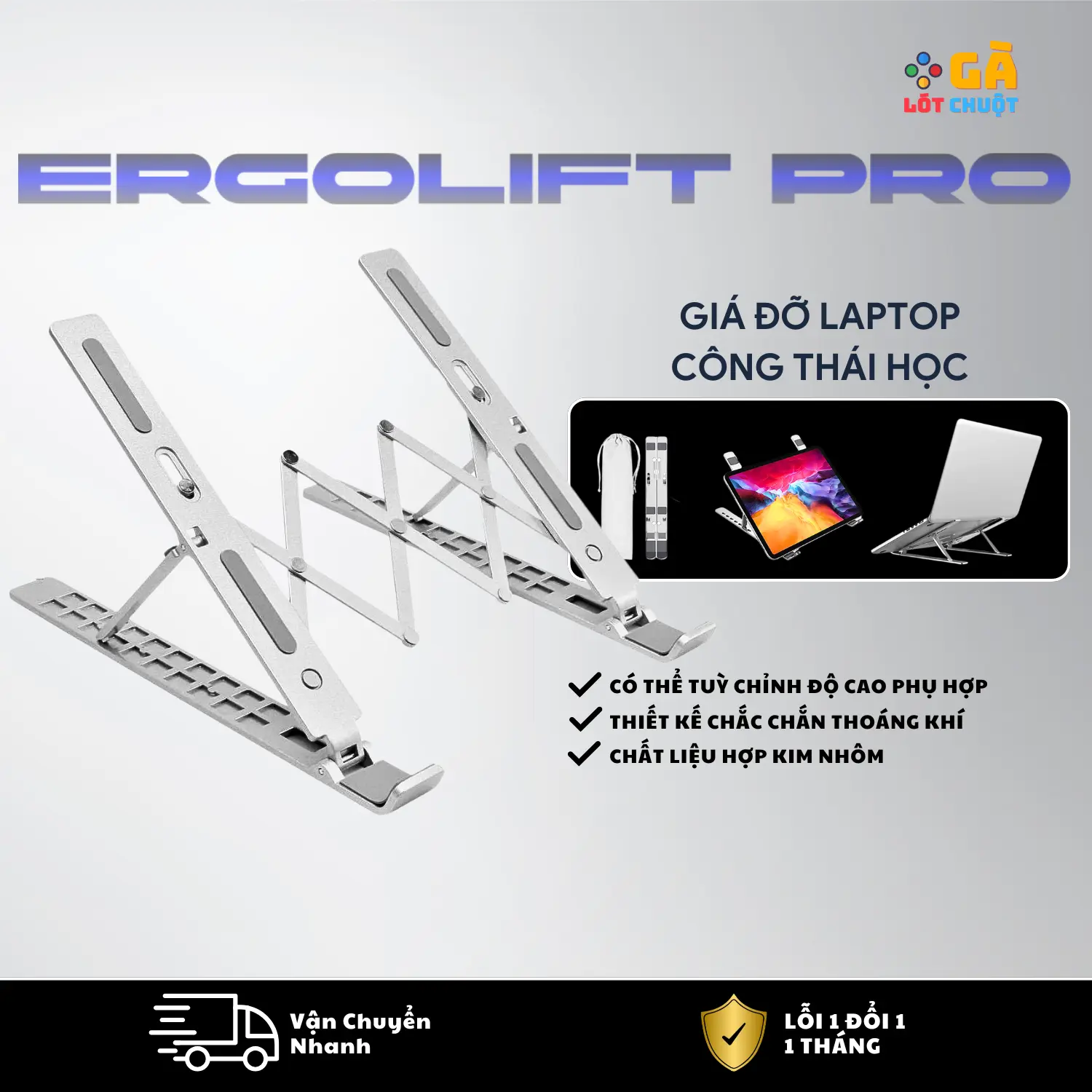 Giá đỡ Laptop nhôm 6 cấp độ nâng hạ độ cao, thiết kế nhỏ gọn, hỗ trợ tản nhiệt cho laptop - GÀ LÓT CHUỘT