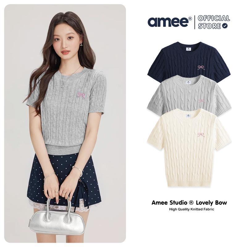 Áo Len Dệt Kim Nữ Cổ Tròn Ngắn Tay Nơ Thêu Amee Studio Local Brand Dành Cho Nữ