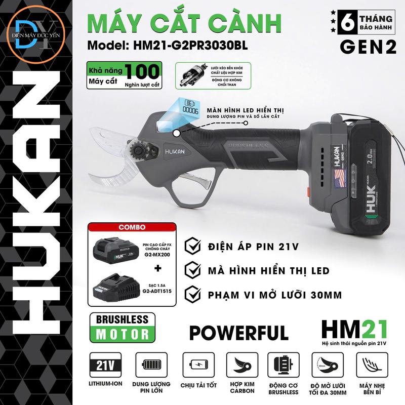 [NEW] Thân máy kéo cắt cành chính hãng Hukan HM21-G2PR3030BL Chân Pin phổ thông,Động Cơ không chổi than