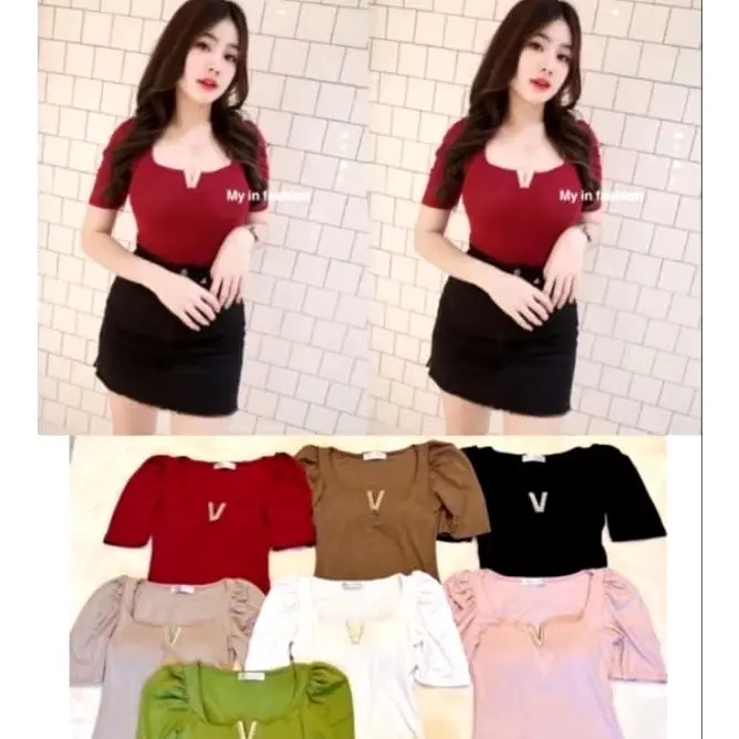atasan wanita cotton strach lengan pendek v neck halus lembut Top Cewek Polos