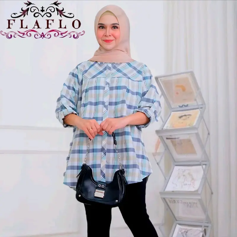 FLAFLO Blouse jumbo LD 120 kemeja kerja kotak kotak kekinian muat 85 kg Baju Atasan Panjang Katun Wanita Muslim lengan panjang 5