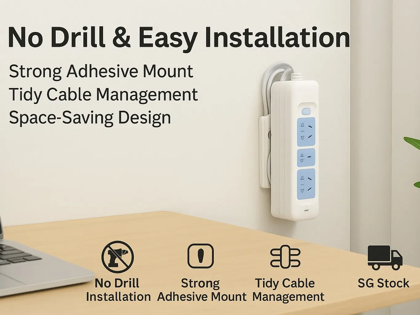 SG Stock Extension Socket Holder | No-Drill Wall Mount Power Strip Organizer for Cable Management
