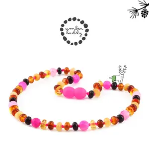 Amber Buddy | XR53M-PF Kalung Bayi Baltic Amber Kombinasi Pink Frost Agate 32cm.