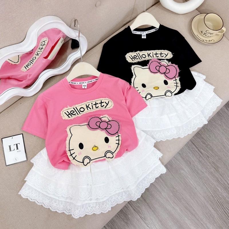 V54- Set áo thun cotton thêu hình mèo kitty xinh, kèm chân váy hai tầng phối viền ren dành cho bé gái ( 8-31kg)