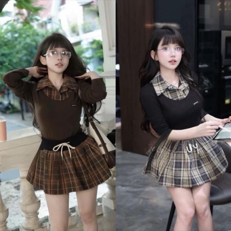 Set 2 chi tiết: Áo Zip Tay Dài Phối Vải Kẻ Cổ Đức Mix Chân Váy Kẻ Dây Rút Có Quần Bảo Hộ - Hân Linh shop