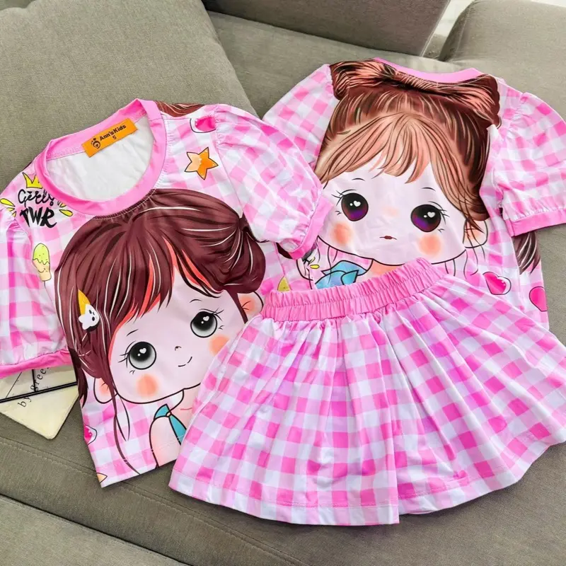 (10kg tới 45kg) Bộ áo tay cộc chân váy có quần trong cho bé chất thun lạnh in hoạ tiết 3D mặc nhà, mặc ngủ xinh xắn đáng yêu Top Nữ Voi Nón pijama  cho áo  ngủ đồ  ngủ labubu