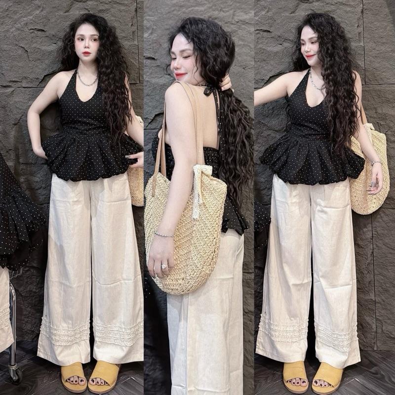  45-57kg- SET Áo yếm cột dây màu đen chấm bi . Quần đũi suông màu kem dài 93cm 