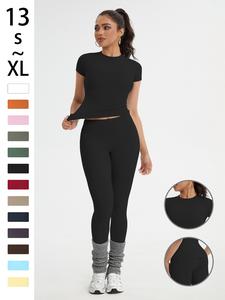 Conjunto deportivo para mujer, ajustado con cuello redondo y mangas cortas & pantalones de yoga de cintura alta, ideal para gimnasio, correr y actividades al aire libre